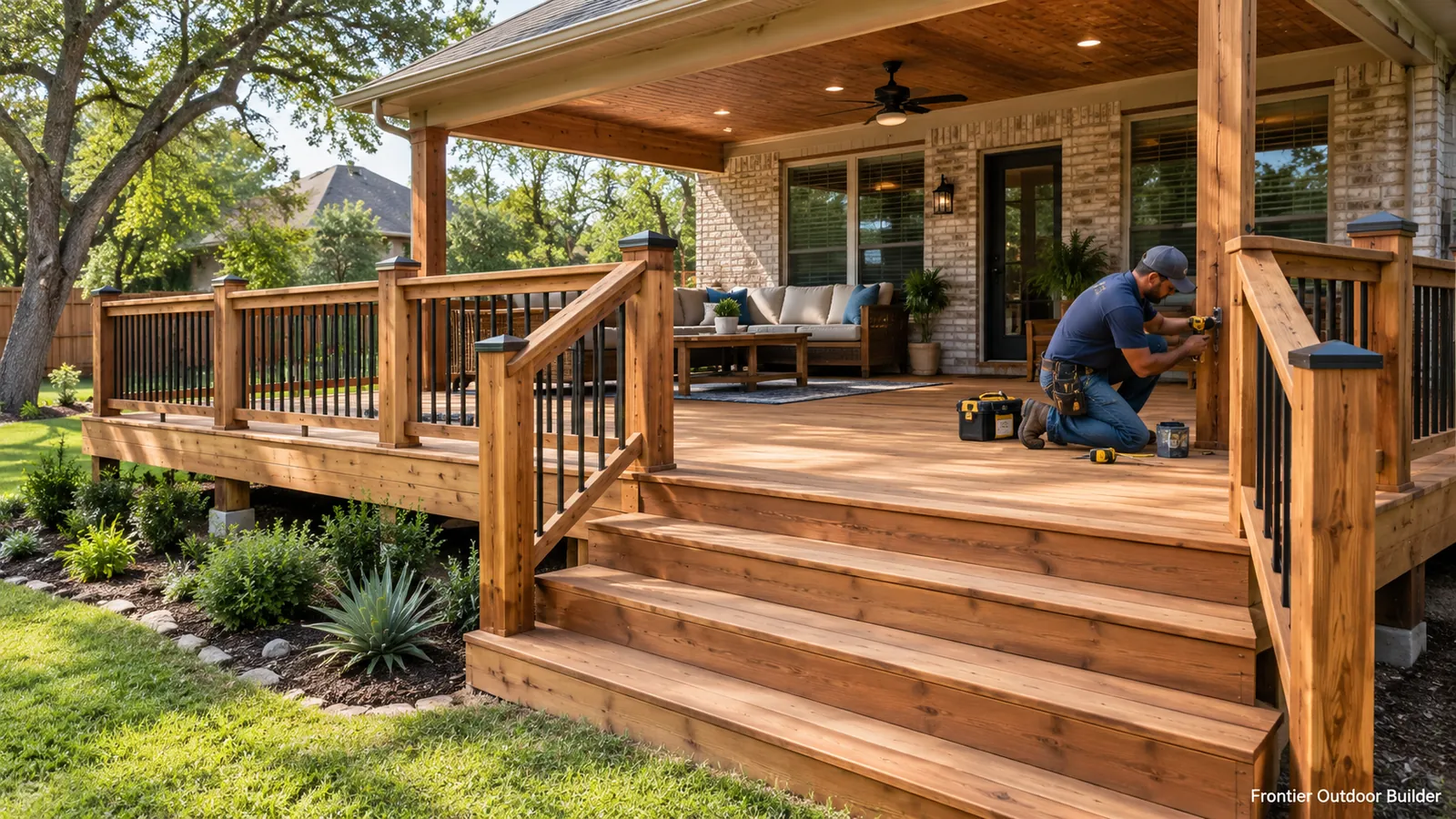 Contractor securing railing on a new cedar deck with covered porch and stairs