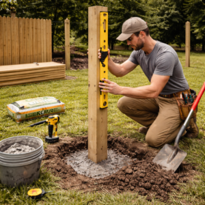 Contractor leveling fence post during installation