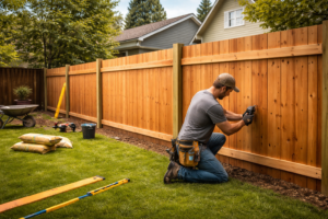 Contractor installing wooden fence panels in a residential backyard.