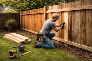 Repairing damaged wooden fence boards along a backyard fence line.