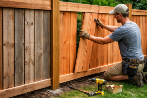 Contractor repairing weathered cedar fence boards.