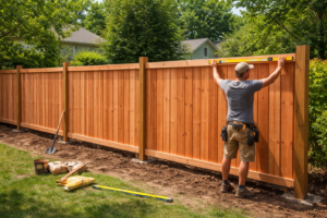 Cedar fence installation in residential backyard.