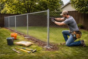 Chainlink fence installation around residential property.