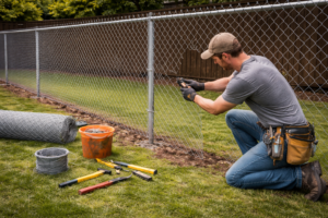 Repairing damaged chainlink fence mesh.