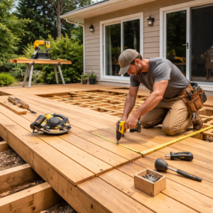 Contractor installing backyard wooden deck.