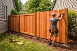 Installing tall wooden privacy fence between homes.