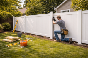 Installing white vinyl fence panels around backyard.