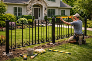 Wrought iron fence installation at residential property.